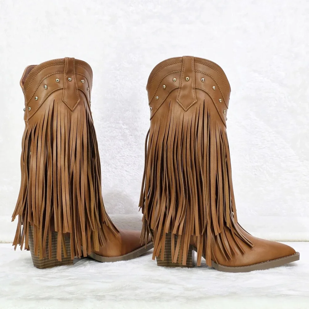 NIB Boundary Tan Faux Leather Layered Fringe Country Western Cowgirl Boots - Picture 3 of 8
